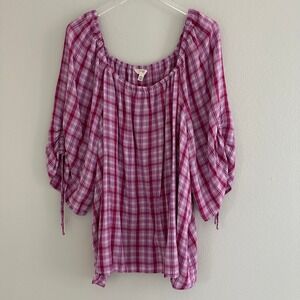 Terra & Sky Blouse Womens 3X Pink Purple Plaid Ruched Sleeve Peasant Cottagecore